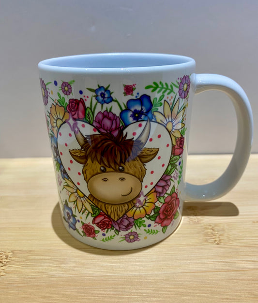 Floral Heart Highland Cow Mug